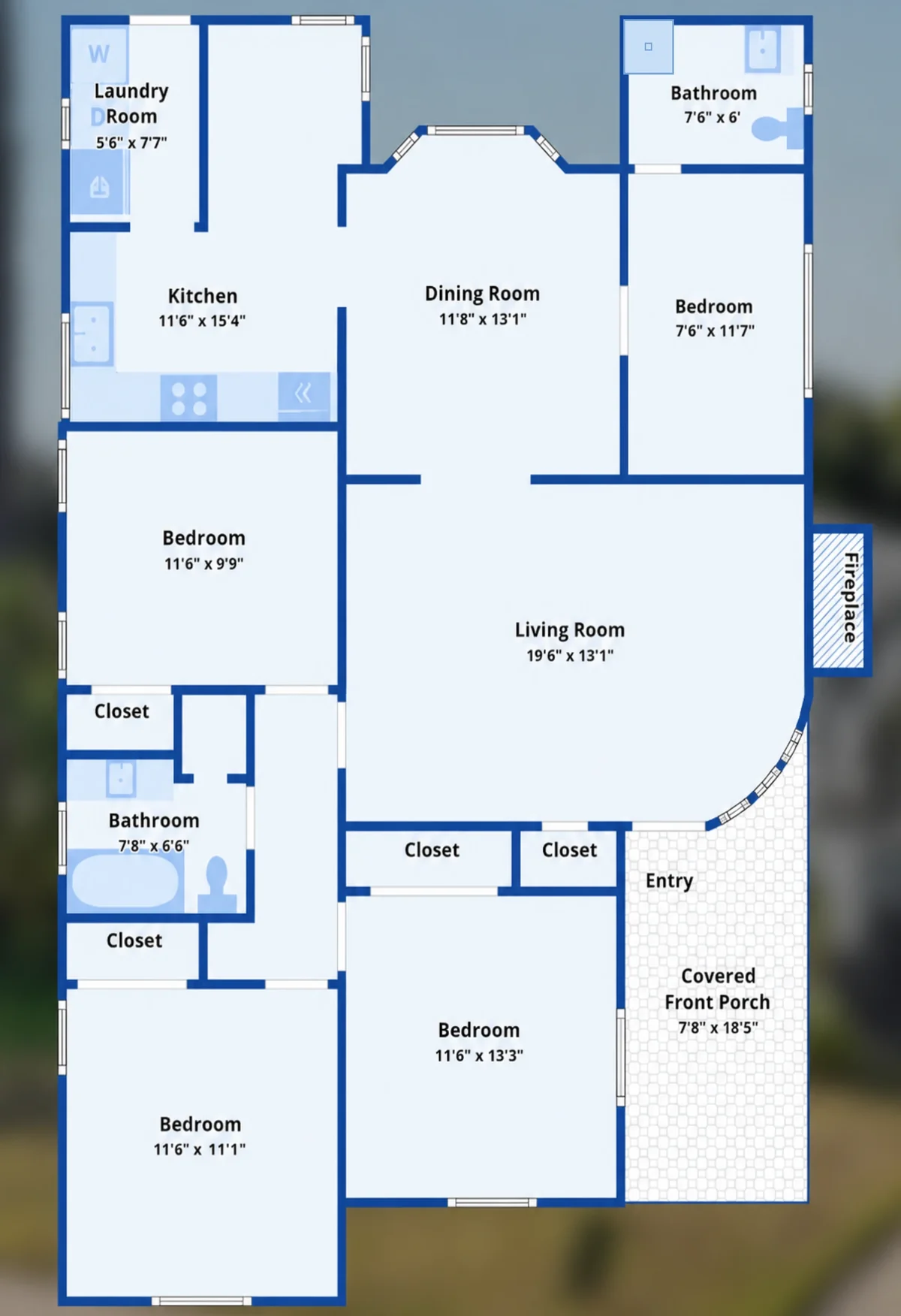 Main residence floor plan for 2209 Queensberry Road, Pasadena, CA 91104 showing 4 bedrooms, 2 bathrooms, living room, dining room, kitchen and laundry room