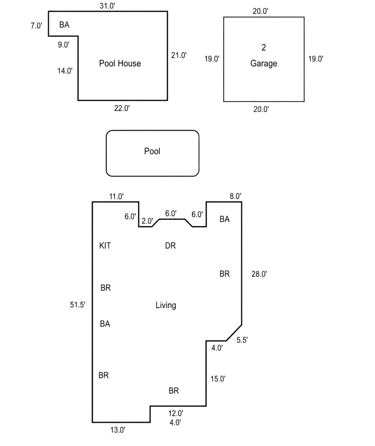 Complete architectural and site layout of 2209 Queensberry Road, Pasadena, CA 91104 showing the main residence, permitted pool house, private pool and detached garage